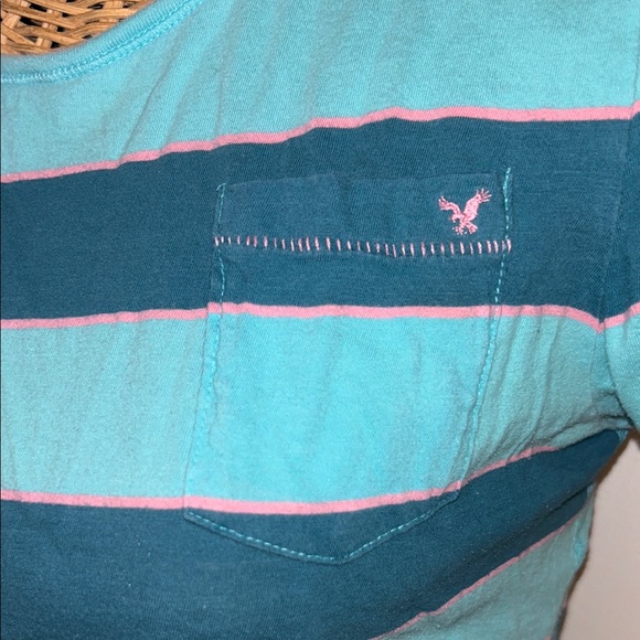 Y2K American Eagle Teal and Blue Striped Pocket Tee - Picture 3 of 6